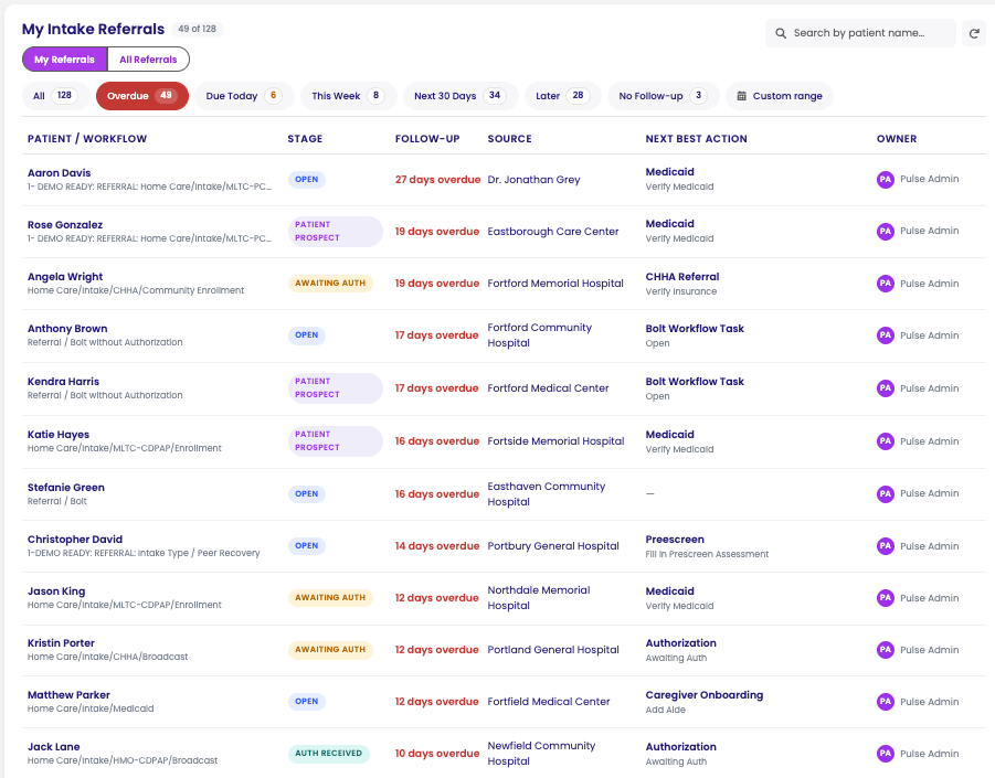My Intake Referrals queue in Pulse showing prioritized records, stages, follow-up SLAs, sources, and next best actions.